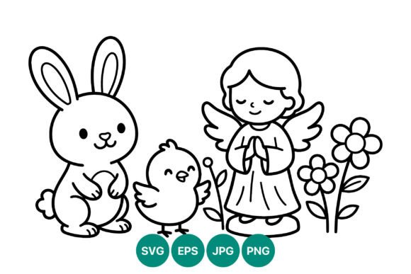 Angel Praying Bunny Chick Flowers Vector Graphics