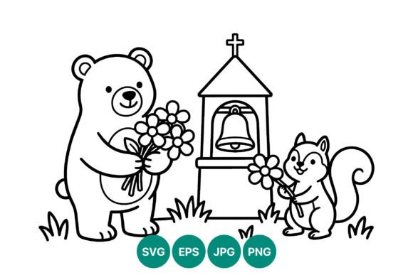 Bear and Squirrel Holding Flowers Line Graphics