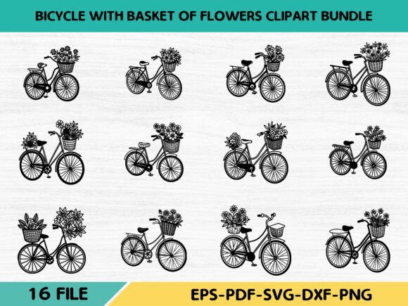 Bicycle with Basket of Flowers Clipart B Graphics
