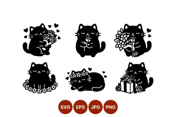 Black Cats Holding Flowers Silhouette Graphics