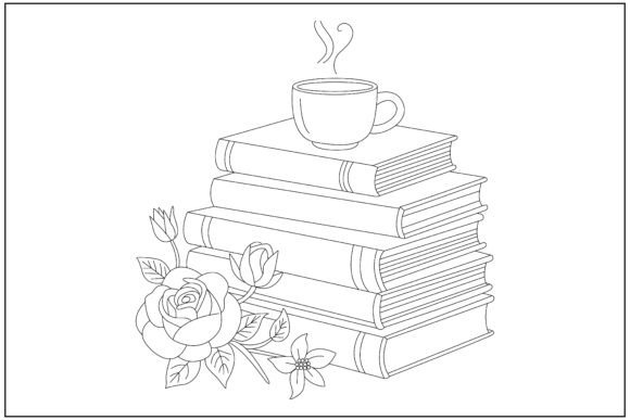Books and Flowers Line Art Graphics