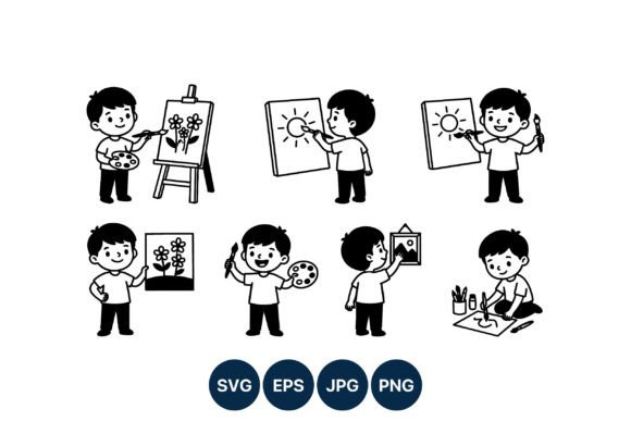 Boy Painting Flowers and Sun Vector Art Graphics
