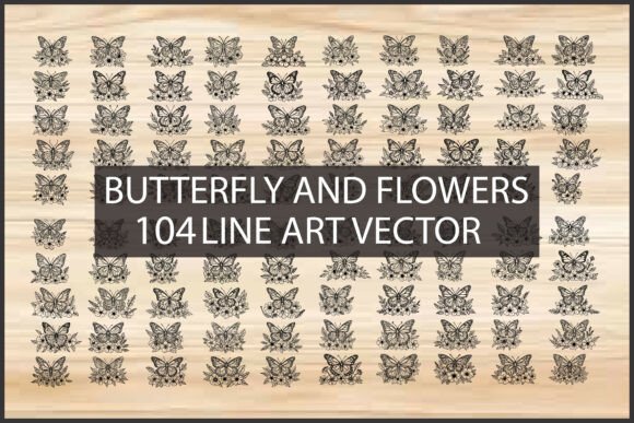 Butterfly and Flowers Line Art Vector Graphics
