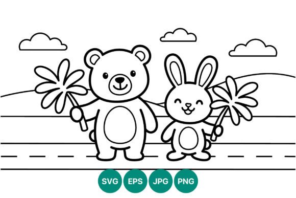 Cute Bear and Rabbit Holding Flowers Graphics