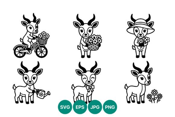 Cute Goat with Flowers Bicycle Line Art Graphics