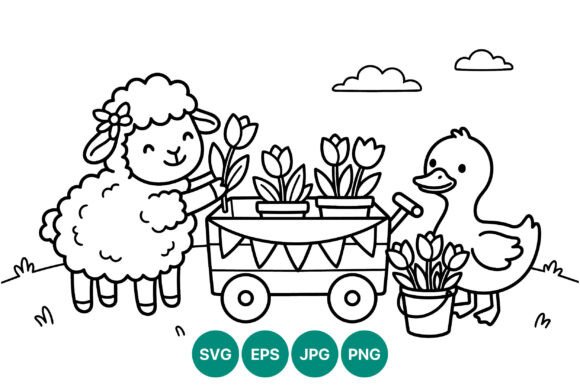 Cute Lamb and Duck with Tulip Wagon Graphics