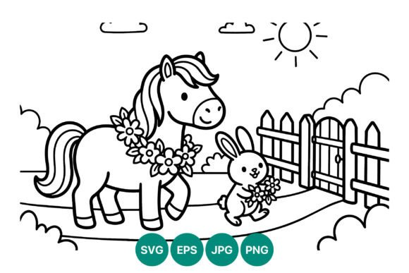 Cute Pony and Bunny with Flowers