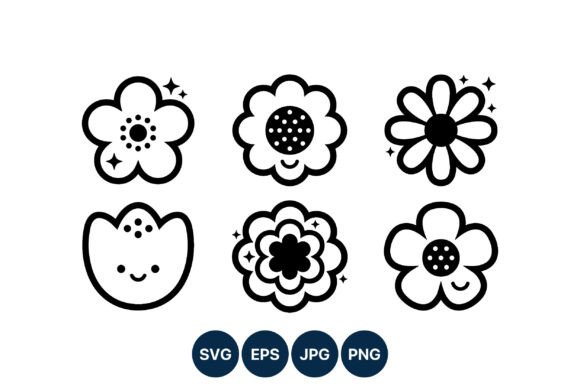 Cute Smiling Flowers Vector Line Art Graphics