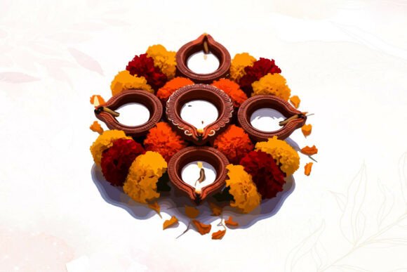 Diwali Diyas with Marigold Flowers Graphics