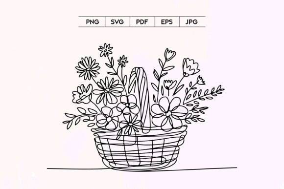 Flower Basket Bouquet Line Art Illustration for Graphics and Illustrations