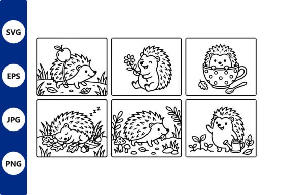 Hedgehog Garden Line Art Set for Graphics and Illustrations