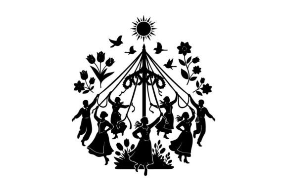 Maypole Dance with People and Flowers Ve