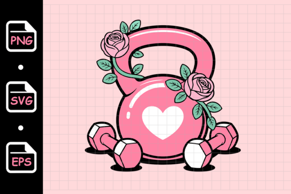 Pink Kettlebell with Roses and Heart Graphics