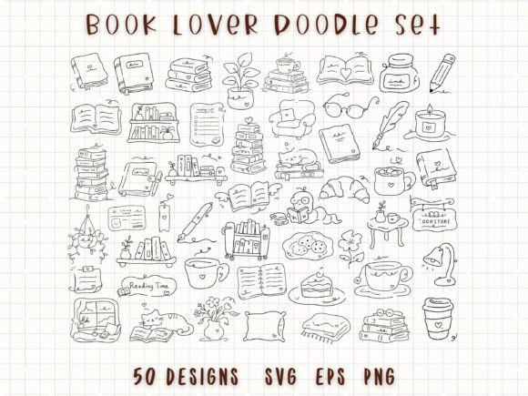 Reading Journal Doodle Book Lover Line Graphics
