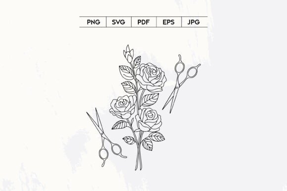 Rose Flowers with Scissors Line Art