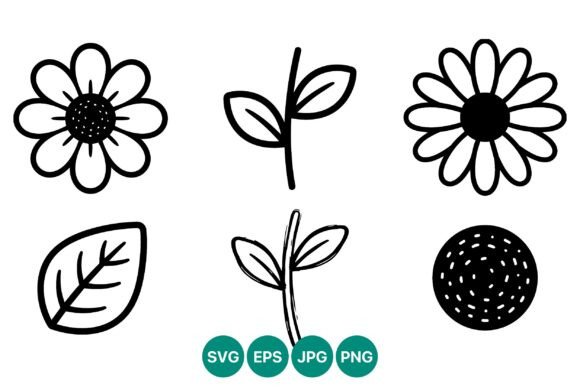 Simple Black and White Flower and Leaf Graphics