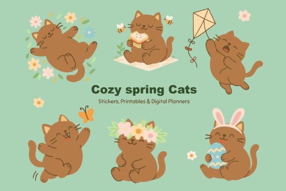 Spring Cat Clipart Pack: Graphics for Handmade Spring Projects