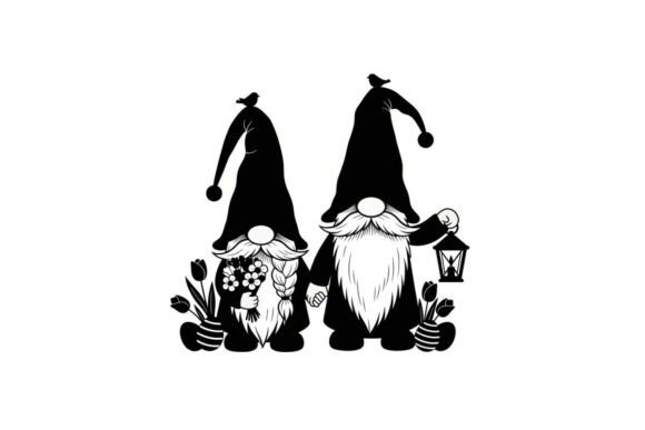 Two Gnomes in Silhouette with Flowers Graphic