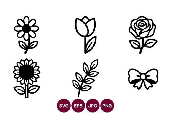 Vector Line Art Set of Flowers and Bow Graphics
