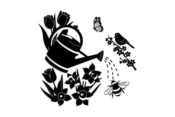 Watering Can and Flowers Silhouette