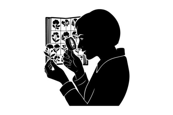 Woman Examining Flowers with Magnifying Graphics